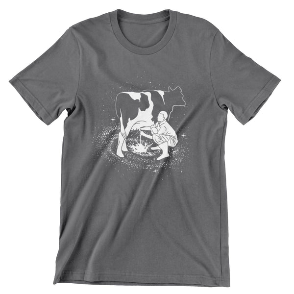 Dark gray short sleeve t-shirt with an all white print of a farmer milking a cow over a space galaxy.