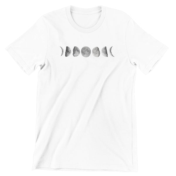 White short sleeve t-shirt with the 8 moon phases.
