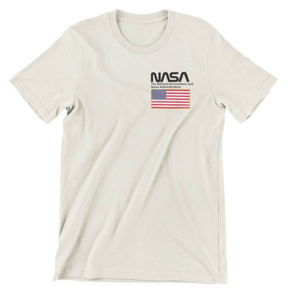 Natural t-shirt with the Nasa worm logo over the American Flag.