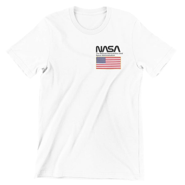 White t-shirt with the Nasa worm logo over the American Flag.