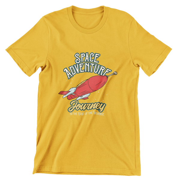 Antique Gold short sleeve t-shirt with a rocket ship that says space adventure, journey to the edge of the universe.