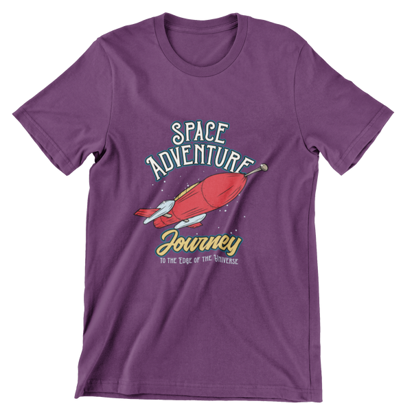 Purple short sleeve t-shirt with a rocket ship that says space adventure, journey to the edge of the universe.