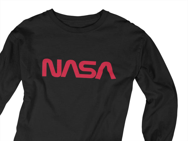 Black long sleeve tee with the Nasa worm logo in red text.