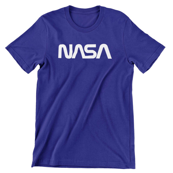Nasa worm logo in white text on deep blue short sleeve.