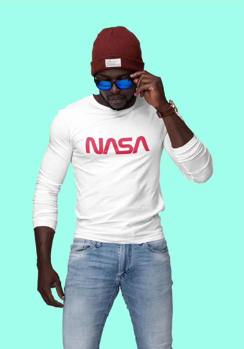 Guy wearing white long sleeve tee with the Nasa worm logo in red text.