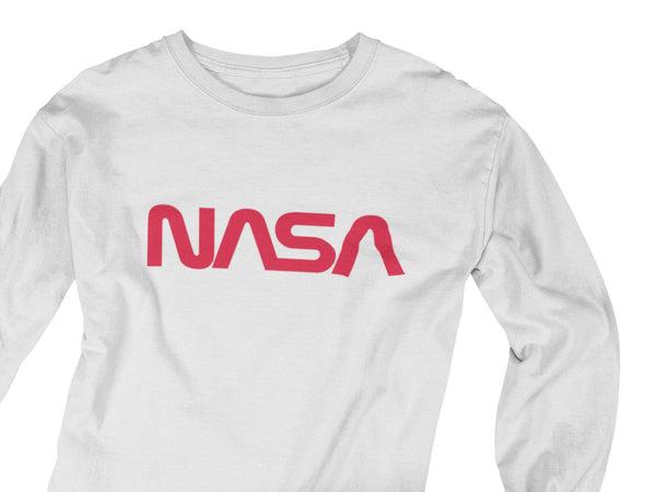 White long sleeve tee with the Nasa worm logo in red text.