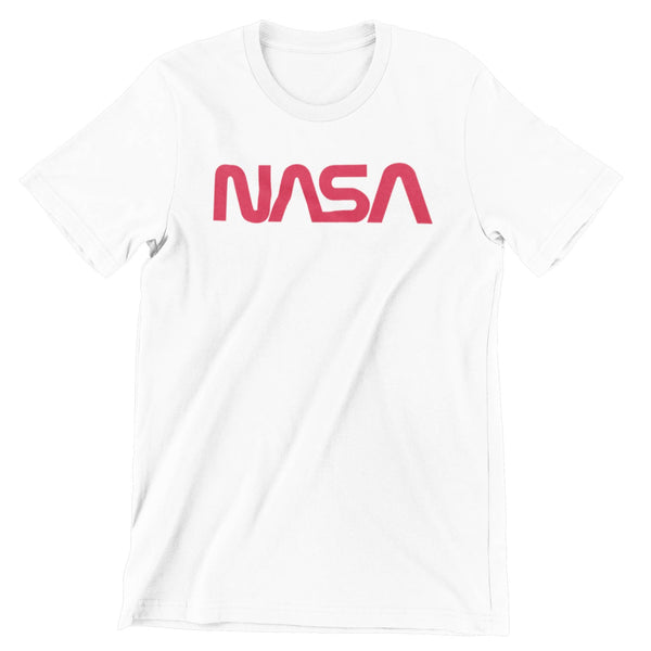 Nasa worm logo in red text on white short sleeve.