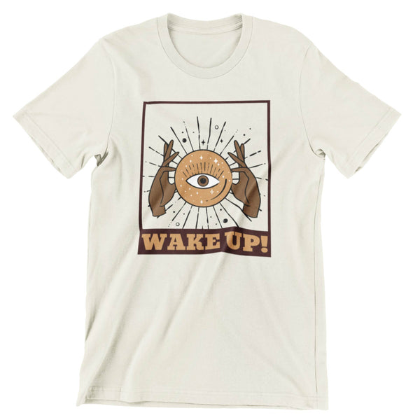 Natural t-shirt that shows the third eye and says WAKE UP!