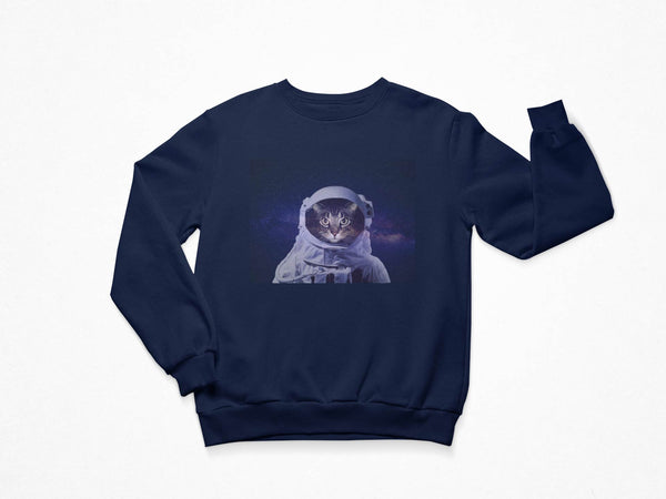 Navy sweatshirt that shows a cat wearing an astronaut suit in space with the galaxy behind it.