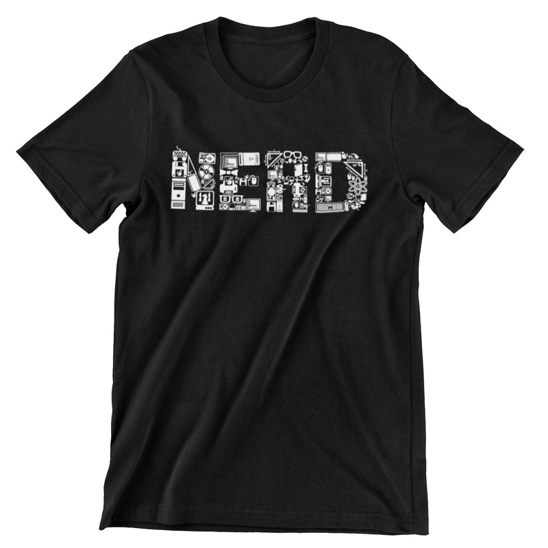Black short sleeve t-shirt with an all white print of science and technology objects making the shape of the word "Nerd".