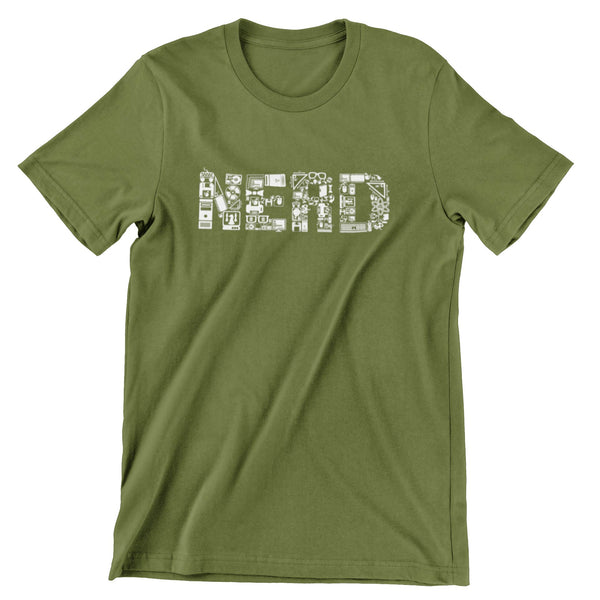 Military Green short sleeve t-shirt with an all white print of science and technology objects making the shape of the word "Nerd".