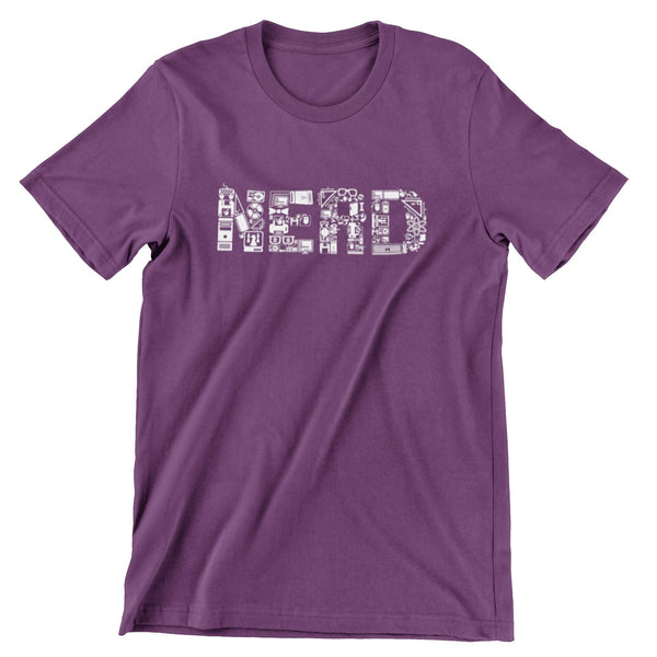 Purple short sleeve t-shirt with an all white print of science and technology objects making the shape of the word "Nerd".