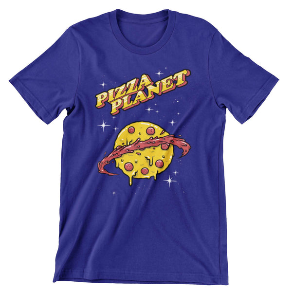 Royal Blue short sleeve t-shirt with a pizza that looks like Saturn and the words Pizza Planet above it.