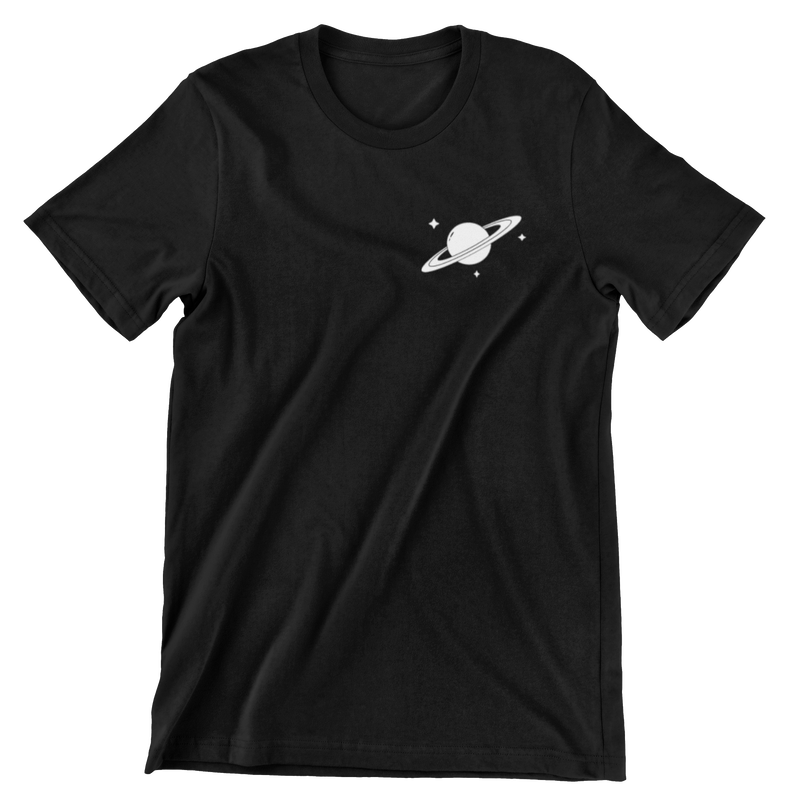 Black short sleeve t-shirt with a small left crest print of Saturn and stars.