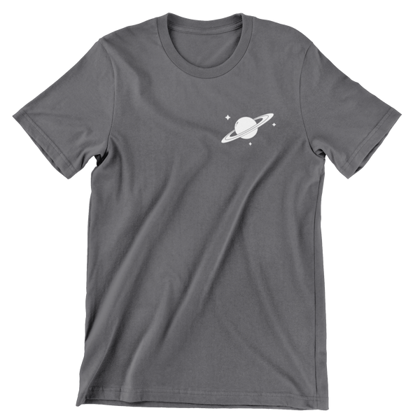Dark Gray short sleeve t-shirt with a small left crest print of Saturn and stars.