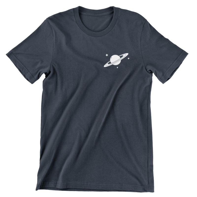 Midnight Blue short sleeve t-shirt with a small left crest print of Saturn and stars.