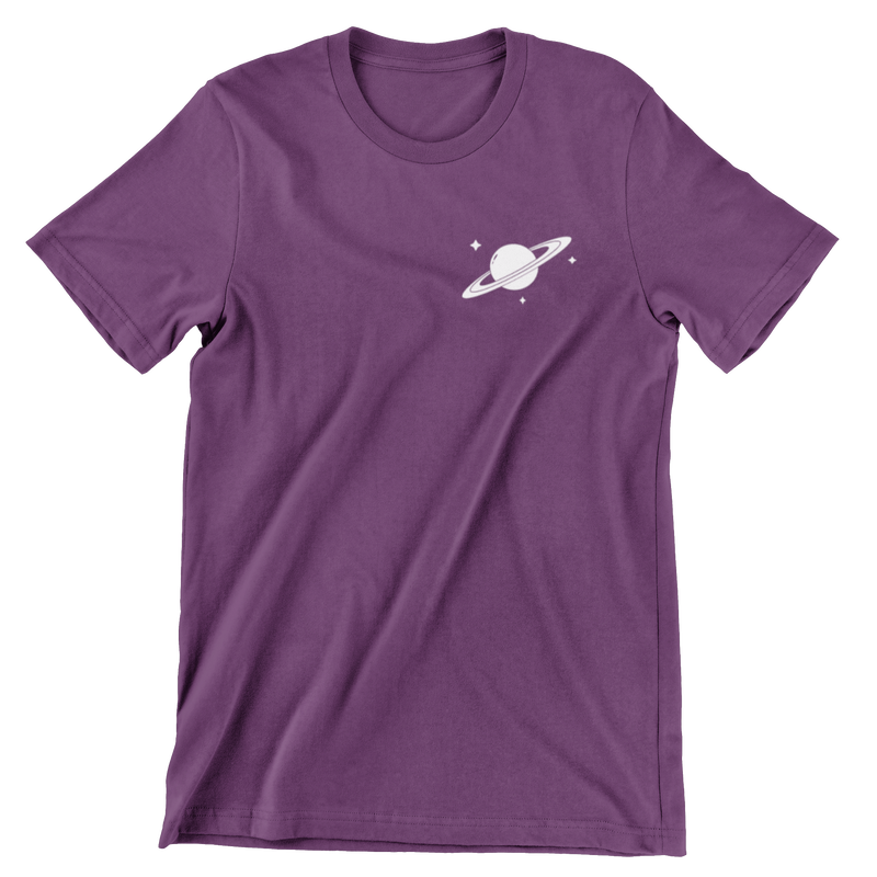 Purple short sleeve t-shirt with a small left crest print of Saturn and stars.