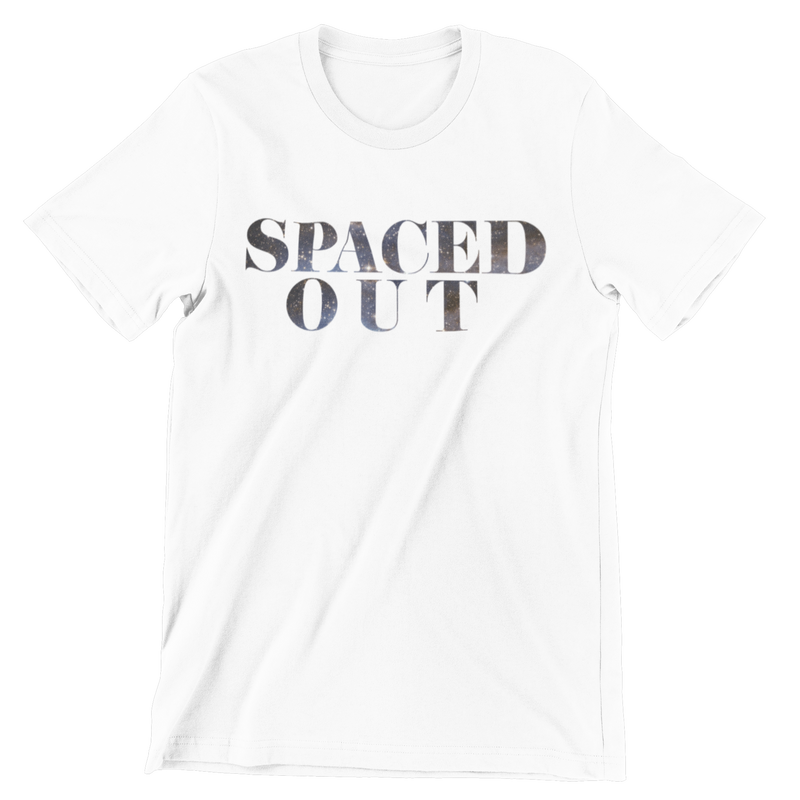 White short sleeve t-shirt with the text Spaced Out filled in with a space background.