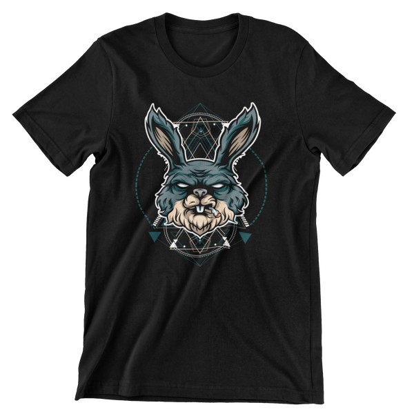 Black short sleeve t-shirt with a roughed up looking rabbit smoking a cigarette. 