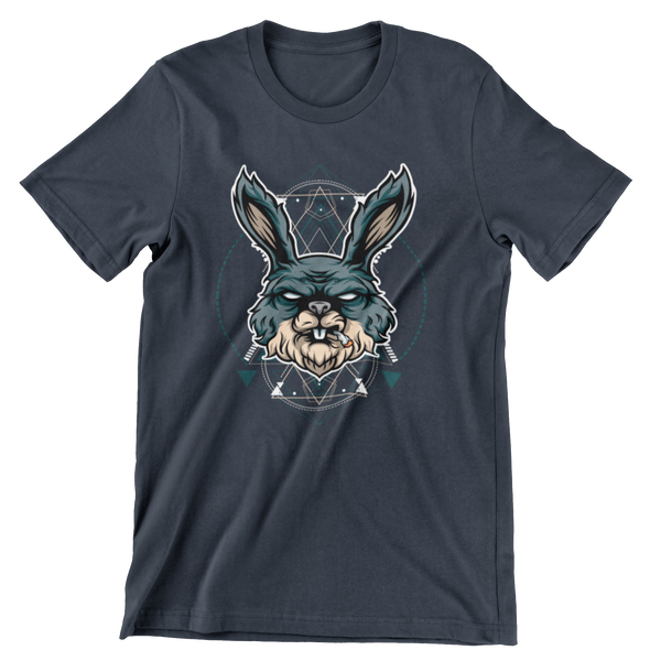 Midnight Blue  short sleeve t-shirt with a roughed up looking rabbit smoking a cigarette.