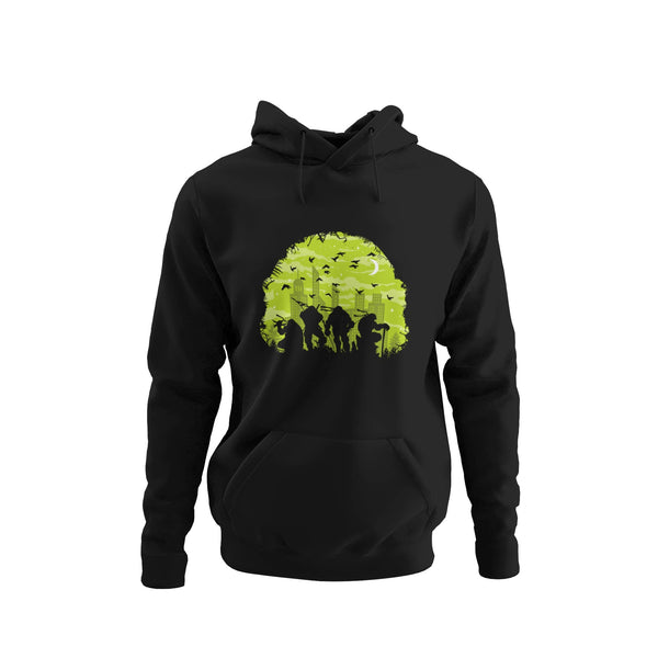 Black hoodie with ninja turtles outlined in a tree city scape.