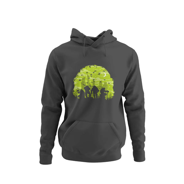 Dark Gray hoodie with ninja turtles outlined in a tree city scape.