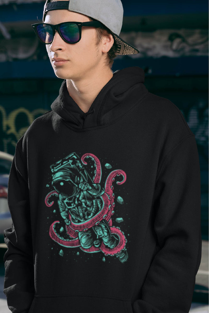 Guy wearing black hoodie with an astronaut trapped in octopus tentacles.