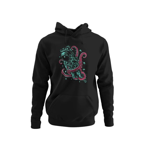 Black hoodie with an astronaut trapped in octopus tentacles.