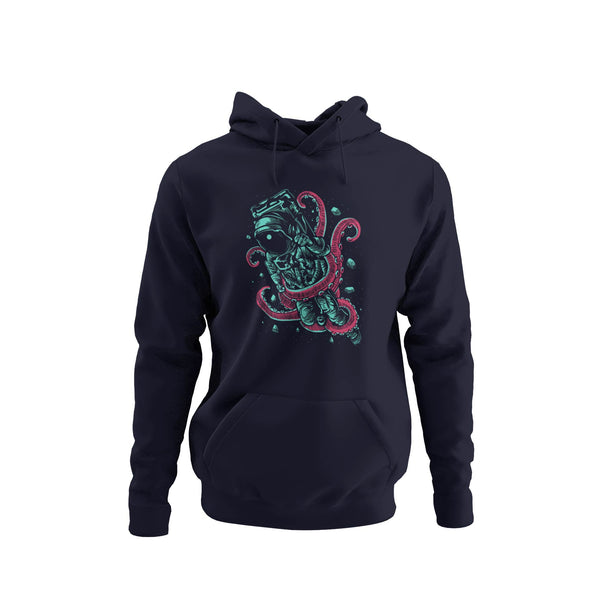 Navy hoodie with an astronaut trapped in octopus tentacles.