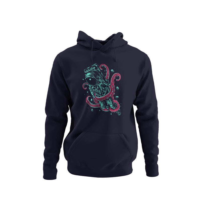 Navy hoodie with an astronaut trapped in octopus tentacles.