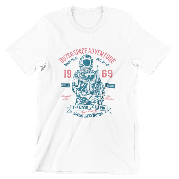 White short sleeve t-shirt with an astronaut that says outer space adventure, 1969, the moon is calling.