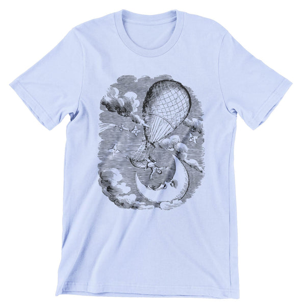 Light blue short sleeve t-shirt showing an air balloon flying over the moon and there is a person about to fall out.