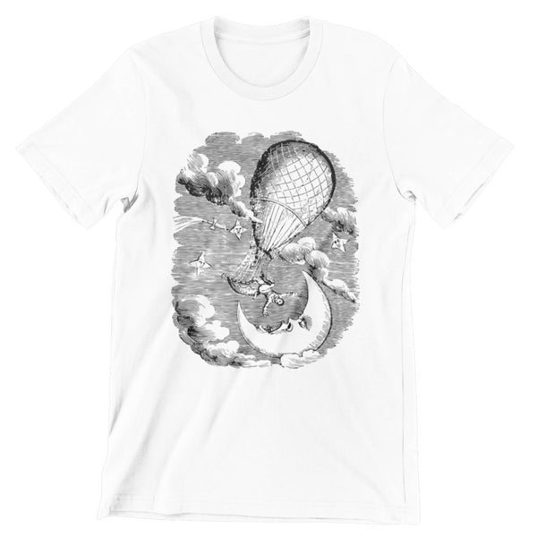 White short sleeve t-shirt showing an air balloon flying over the moon and there is a person about to fall out.
