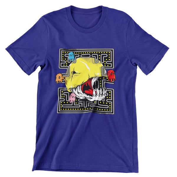 Deep blue short sleeve t-shirt that shows skeleton pacman and Blinky, Pinky, Inky and Clyde are ghosts.
