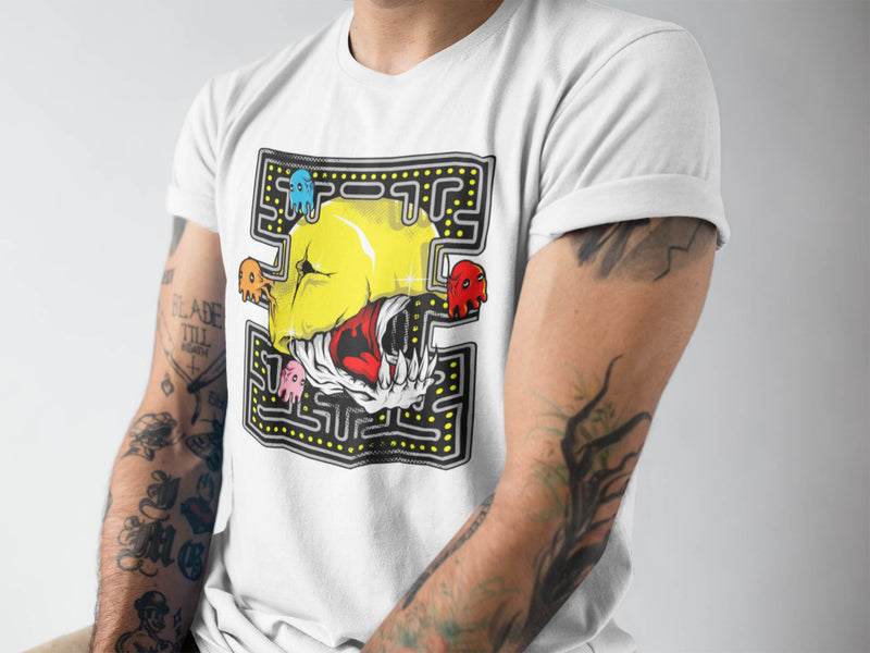 Close up of guy wearing white short sleeve t-shirt that shows skeleton pacman and Blinky, Pinky, Inky and Clyde are ghosts.