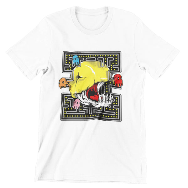 White short sleeve t-shirt that shows skeleton pacman and Blinky, Pinky, Inky and Clyde are ghosts.