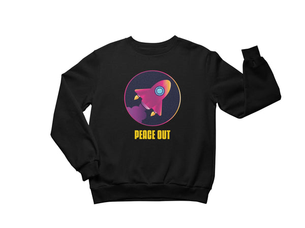Black crewneck sweatshirt showing a rocket flying and it says peace out below the rocket.