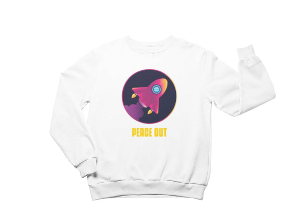 White crewneck sweatshirt showing a rocket flying and it says peace out below the rocket.