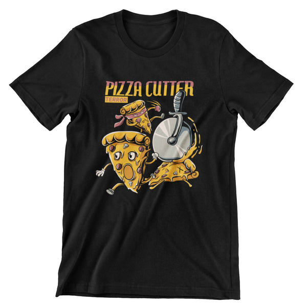 Black short sleeve t-shirt that has a pizza cutter chasing around pizza slices.