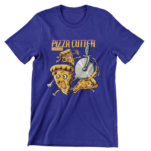 Deep blue short sleeve t-shirt that has a pizza cutter chasing around pizza slices.