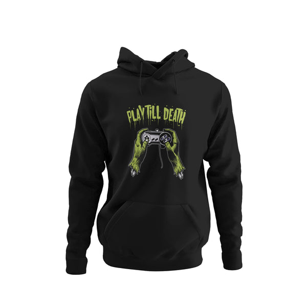 Black Hoodie with zombie hands holding a came controller and the text Play Till Death above.