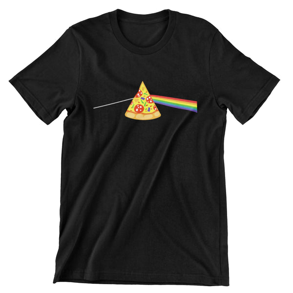 Black short sleeve t-shirt with a slice of pizza acting like a prism and reflecting a rainbow.