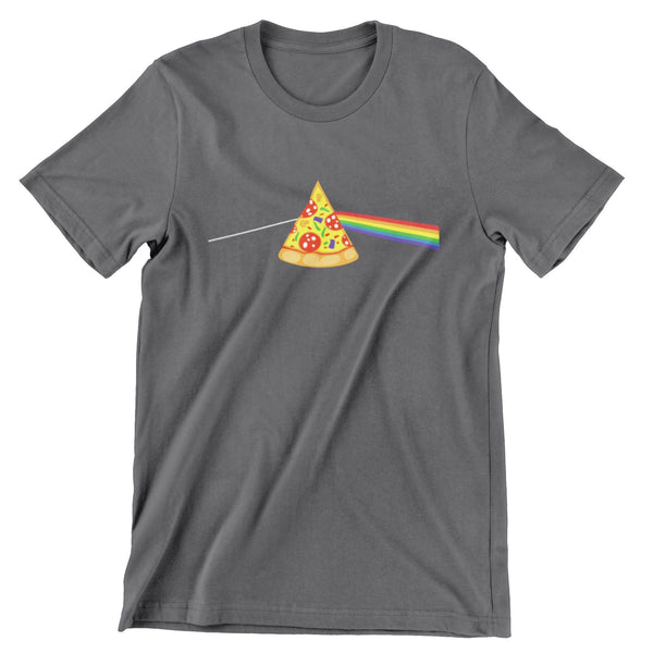 Dark gray short sleeve t-shirt with a slice of pizza acting like a prism and reflecting a rainbow.