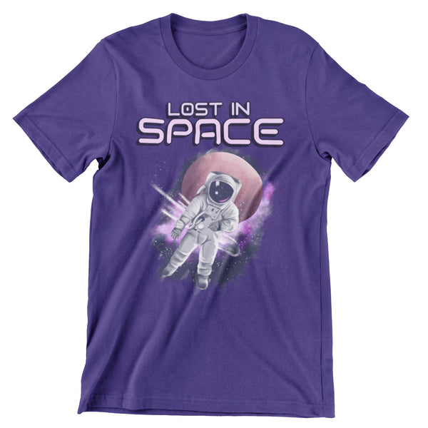 Purple short sleeve t-shirt that says lost in space showing an astronaut floating in space.