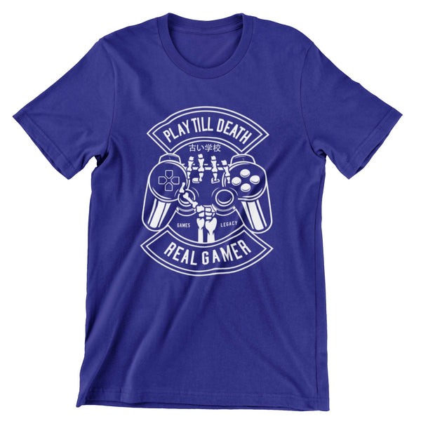 Deep blue short sleeve t-shirt showing a skeleton hand holding a playstation controller.