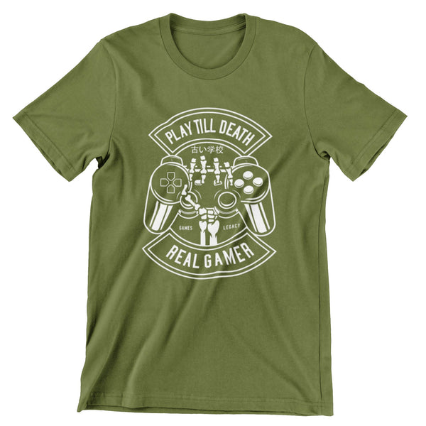 Military green short sleeve t-shirt showing a skeleton hand holding a playstation controller.