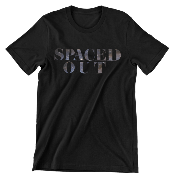Black short sleeve t-shirt with the text Spaced Out filled in with a space background.