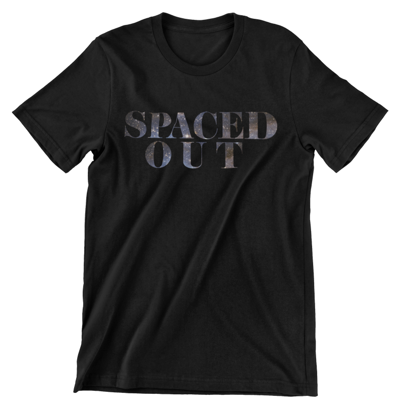 Black short sleeve t-shirt with the text Spaced Out filled in with a space background.