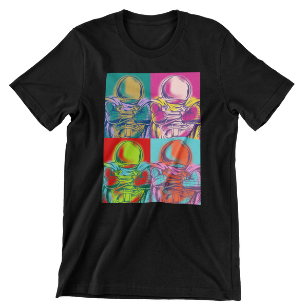 Black short sleeve t-shirt with a multi color print of a superhero with a helmet on covering his face.