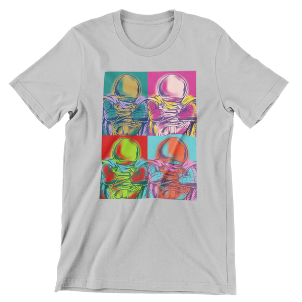 White  short sleeve t-shirt with a multi color print of a superhero with a helmet on covering his face.